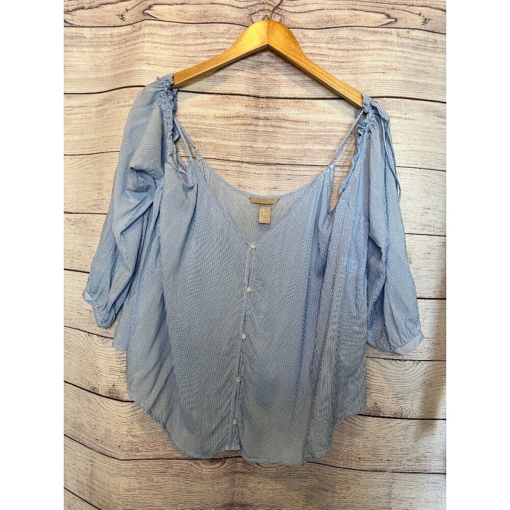 H&M Plus 22 Boho Cold Shoulder Blouse Blue White Stripe Flowy Summer Top NWOT
